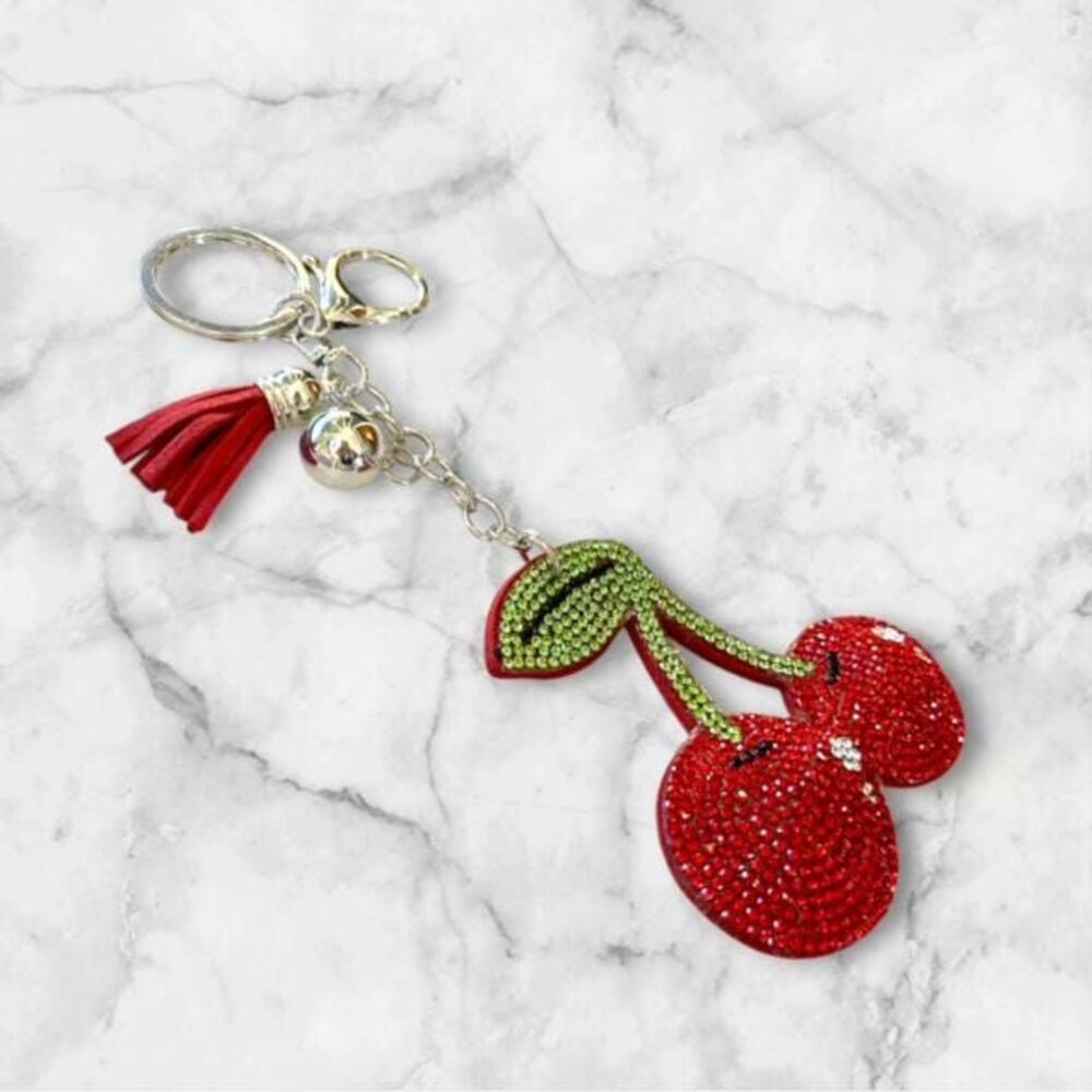Sparkling Cherry Keychain With Rhinestones And Tassel